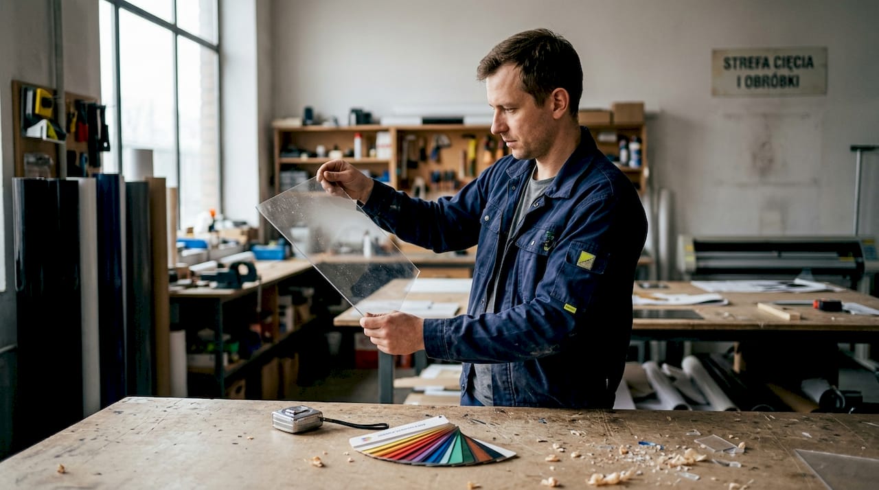 Pracownik dokładnie ogląda płytę plexi w warsztacie, sprawdzając jej stan i jakość.