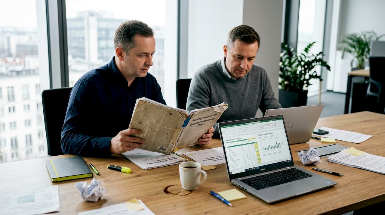 Osoby zarządzające dokładnie przyglądają się materiałom promocyjnym, oceniając ich skuteczność i zgodność ze strategią firmy.