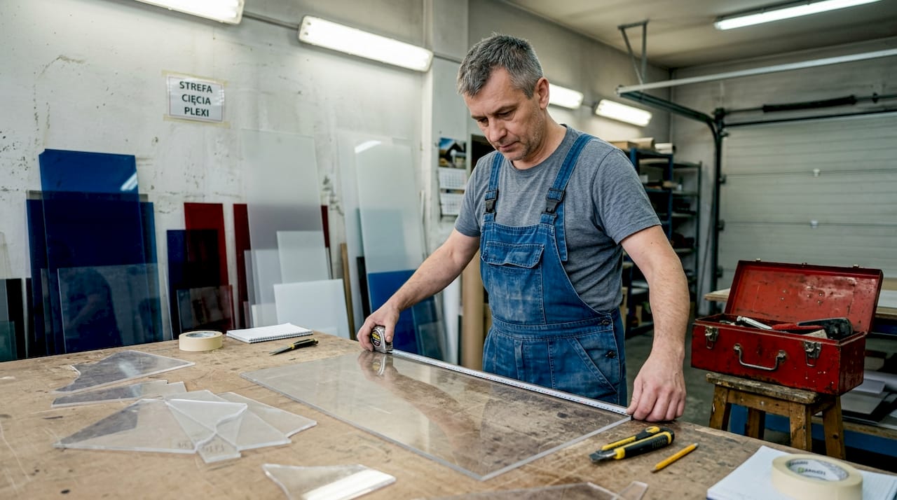 Technik przygotowuje reklamowy panel z plexi.