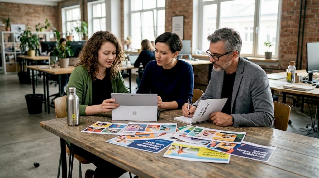 Zespół przegląda próbki materiałów reklamowych