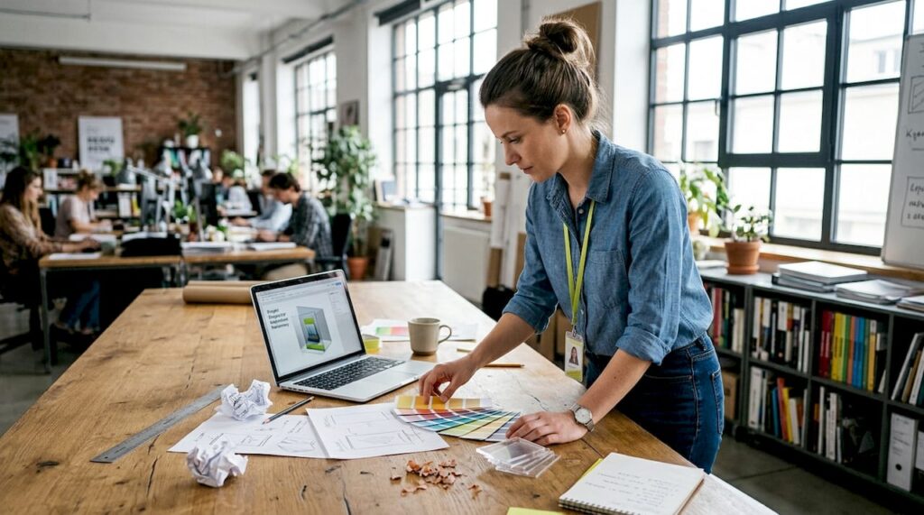 Projektant opracowuje koncepcję reklamy z plexi