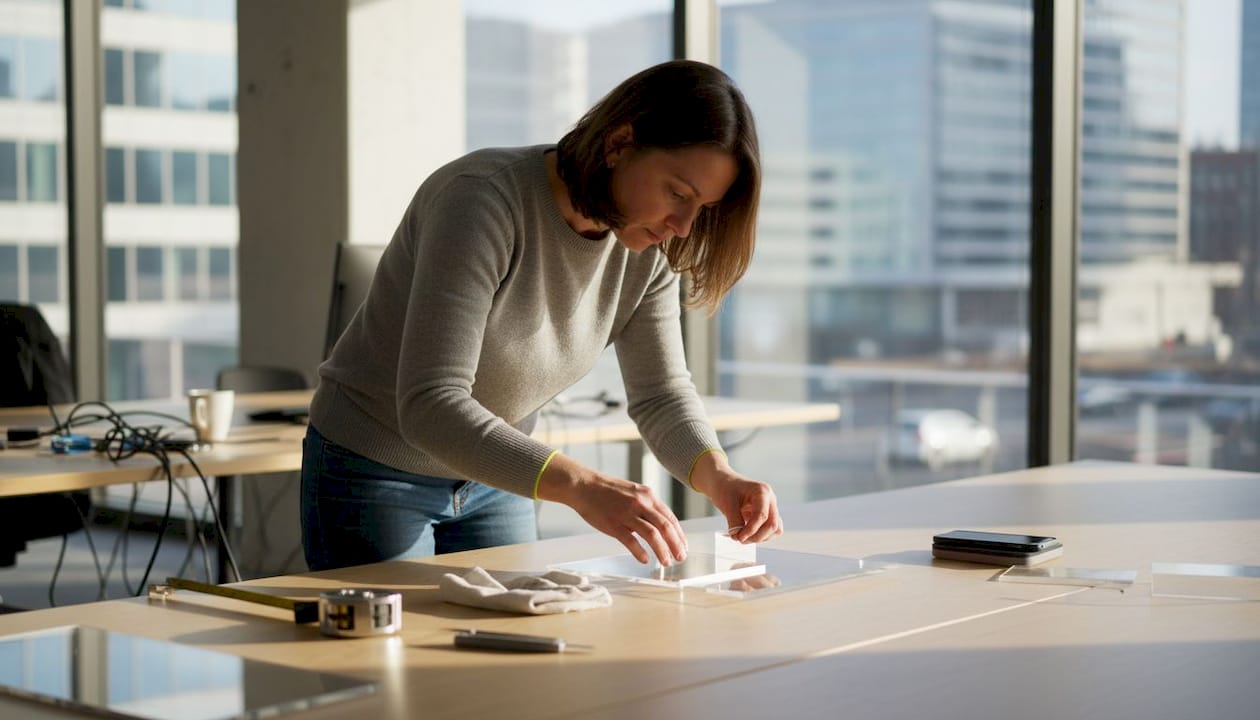 Kobieta montuje tablicę z plexi w biurze.